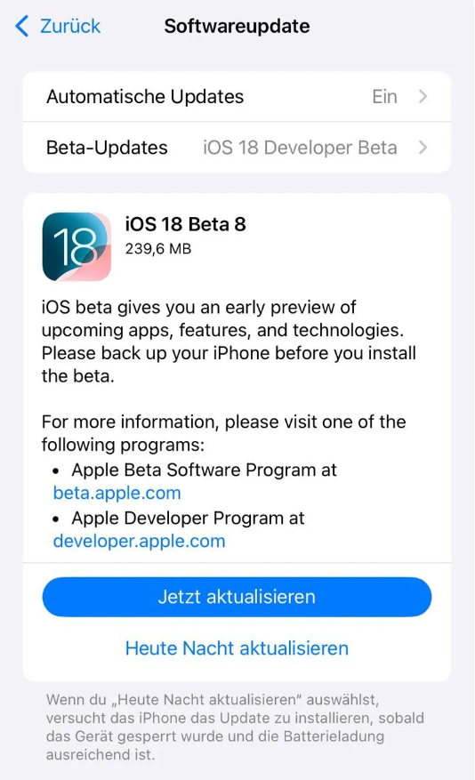 沂源苹果手机维修分享苹果 iOS / iPadOS 18 开发者预览版 Beta 8 发布 